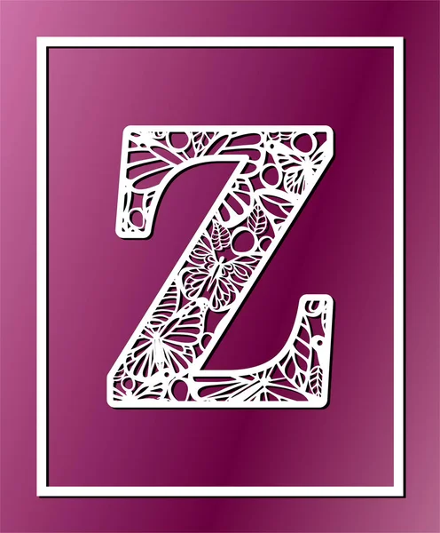 Lazer vektör süs harf Z with kelebek ve yaprakları kesti. Bölmesi şablonu. Telkari kesme desen / Kirigami desen. Kağıt / Makina kesim