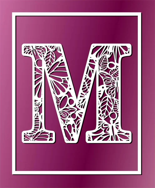Lazer vektör Dekoratif harf M kelebek ve yaprakları kesti. Bölmesi şablonu. Telkari kesme desen / Kirigami desen. Kağıt / Makina kesim