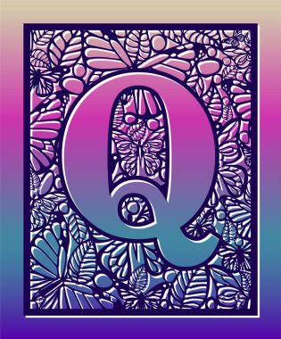 Lazer vektör süs harf Q kelebek ve yaprakları kesti. Bölmesi şablonu. Telkari kesme desen / Kirigami desen. Kağıt / Makina kesim