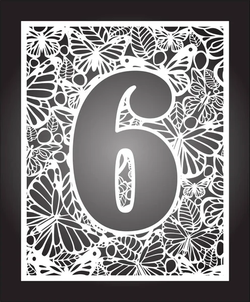 Lazer vektör sayı altı ile kelebek ve yaprakları kesti. Bölmesi şablonu. Telkari kesme desen / Kirigami desen. Kağıt / Makina kesim