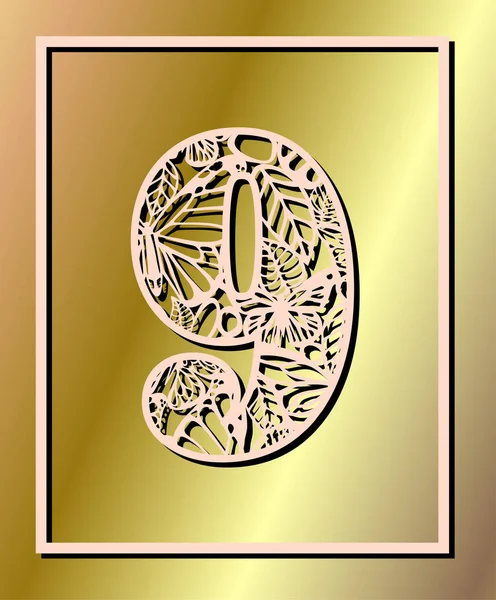 Lazer vektör sayı dokuz ile kelebek ve yaprakları kesti. Bölmesi şablonu. Telkari kesme desen / Kirigami desen. Kağıt / Makina kesim