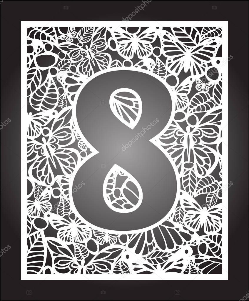 Laser cut vector number eight with butterfly and petals. Panel template. Filigree cutout pattern/ Kirigami pattern. Paper / machine cut