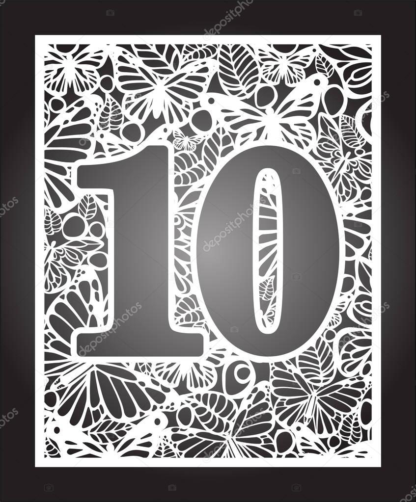 Laser cut vector number ten with butterfly and petals. Panel template. Filigree cutout pattern/ Kirigami pattern. Paper / machine cut