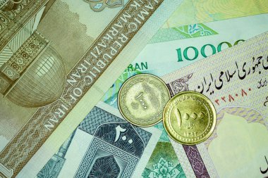 Yakın çekim İran banknot ve para birimi, Rials, Iran İslam Cumhuriyeti