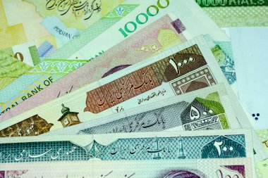 Yakın çekim İran banknot ve para birimi, Rials, Iran İslam Cumhuriyeti