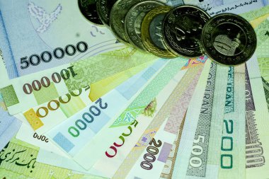 Yakın çekim İran banknot ve para birimi, Rials, Iran İslam Cumhuriyeti