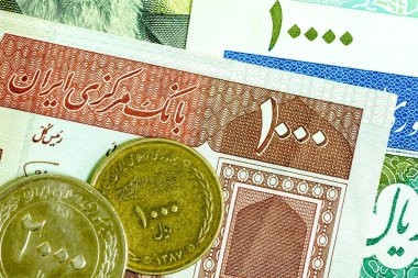 Yakın çekim İran banknot ve para birimi, Rials, Iran İslam Cumhuriyeti