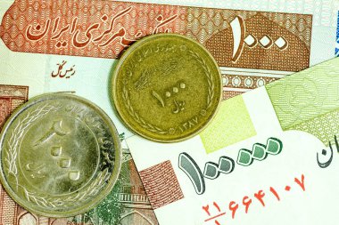 Yakın çekim İran banknot ve para birimi, Rials, Iran İslam Cumhuriyeti