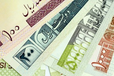 Yakın çekim İran banknot ve para birimi, Rials, Iran İslam Cumhuriyeti
