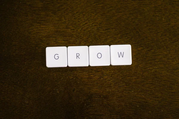 暗い背景でプラスチック製のキーボードは アルファベットで書かれた単語を成長します — ストック写真