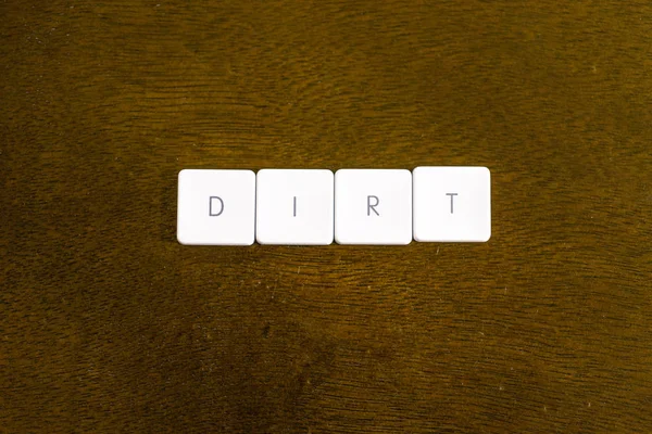 Dirt Cuvânt Scris Alfabet Tastatură Din Plastic Fundal Întunecat — Fotografie, imagine de stoc