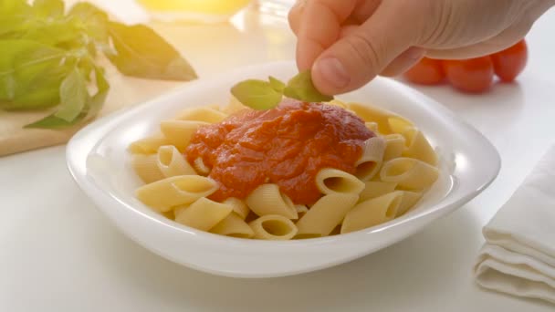 Basilikumblatt auf frisch gekochte hausgemachte Pasta mit Tomatensauce geben. — Stockvideo