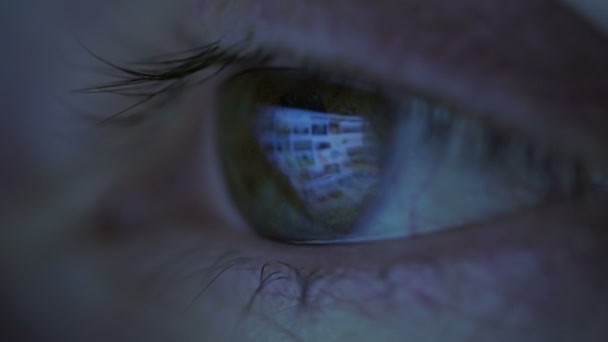 Primer plano de los ojos de la mujer mirando el monitor, trabajando con el ordenador, portátil. Monitor de luz se refleja en los ojos marrones . — Vídeo de stock