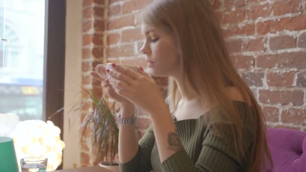 カフェではドリンクを楽しんで幸せな若い女 — ストック動画