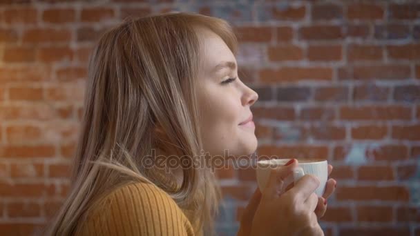 Jovem beleza romântica mulher bebendo café quente no café. Menina relaxada feliz desfrutando xícara de bebida quente e fumegante . — Vídeo de Stock