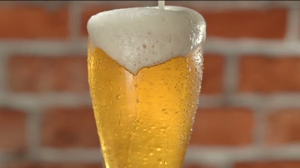 Copo de cerveja com espuma e gotas de água sobre a parede de tijolo — Vídeo de Stock