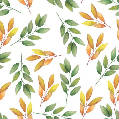 Sonbahar dikişsiz suluboya yaprakları. Dekoratif el çizimi