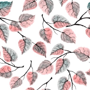 Sonbahar suluboya yaprakları ve beyaz arka planda dallar. Se