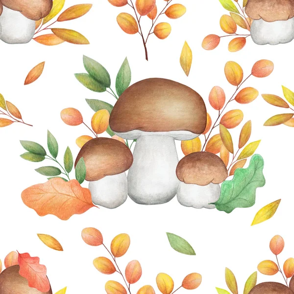 Autumn seamless pattern watercolor mushrooms with leaves. Decora