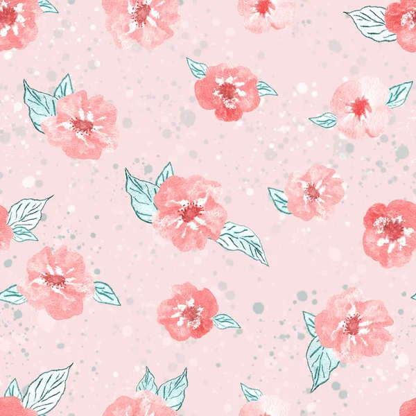 Jemné ručně kreslené akvarel divoké květiny s listy na růžové — Stock fotografie