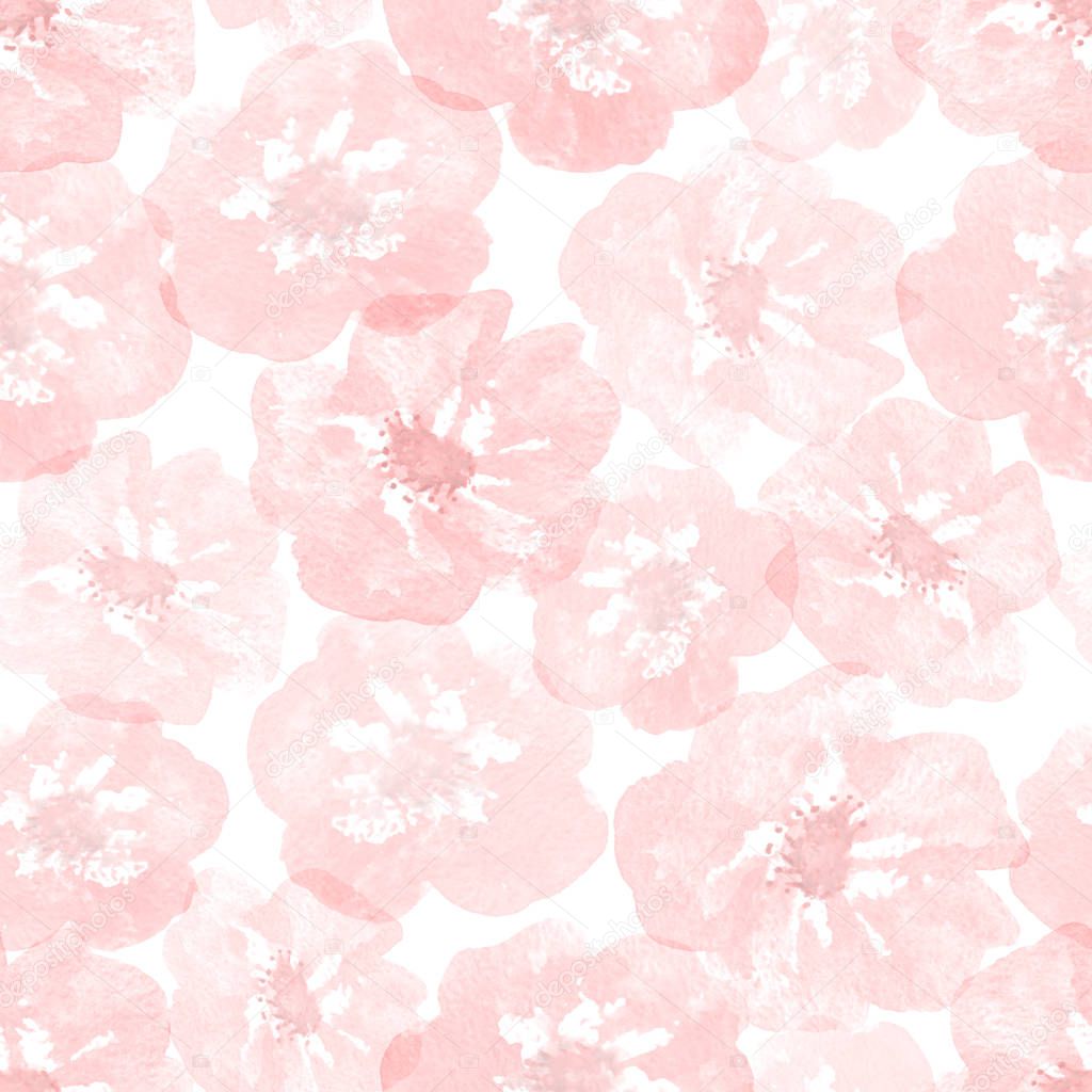 Delicate pink watercolor flowers on a white background. Seamless