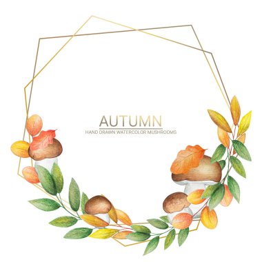 Süslü suluboya çelenk yapraklar ve porcini mantarlar 