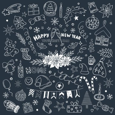 Yeni yıl ve Noel el çizimi vektör simgeleri. Büyük karalama seti. Yeni yılınız, eviniz ve en iyi zamanlarınız. Mum, eldiven, şeker, yıldızlar, hediyeler, oyuncaklar, cam kartopu, peri ışıkları