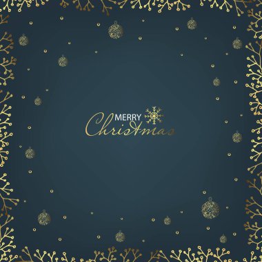 Noel ve Mutlu Yıllar kompozisyonu. El çizimi Noel oyuncakları, dallar, kar taneleri, mavi arka planda kar. Metnin için kopyalama alanı olan çerçeve.