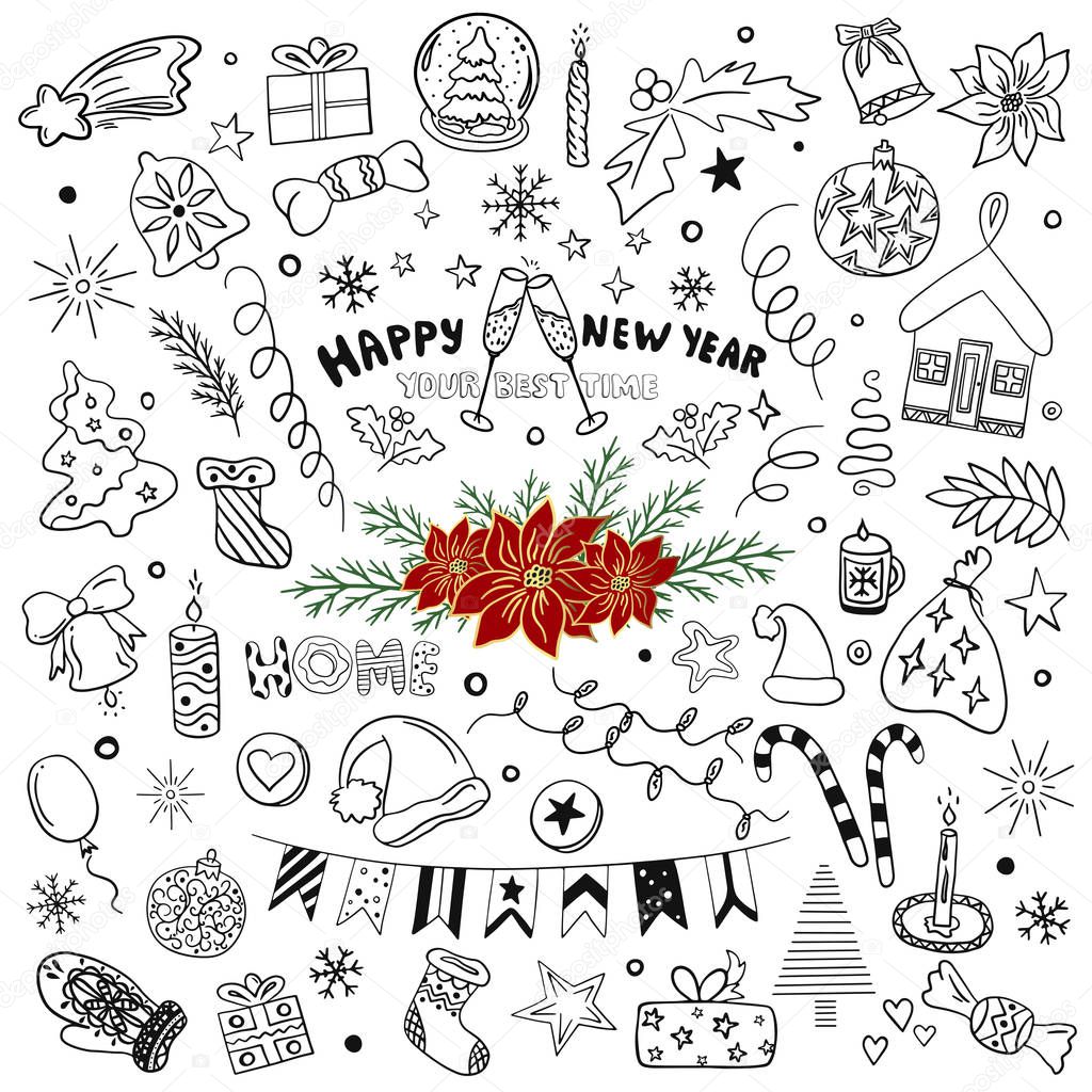 New Year and Christmas hand drawn vector icons. Big doodle set. The inscription Happy New Year, home and your best time. Candle, mittens, sweets, stars, gifts, toys, glass snow ball, fairy lights