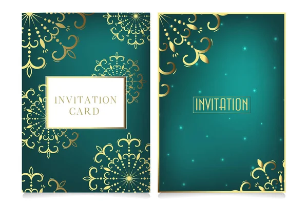 Beautiful hand drawn invitation card set with copy space for your text. Decorative openwork vector gold snowflakes for design on a dark turquoise background. — Stock Vector