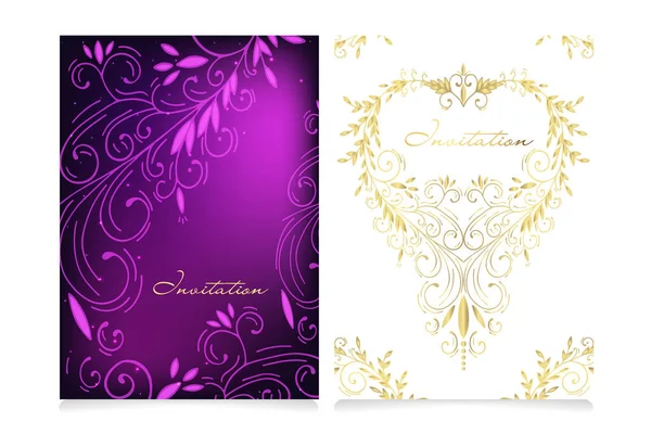 Bel ensemble de carte d'invitation avec espace de copie pour votre texte. Coeur en or vectoriel ajouré dessiné à la main avec les étoiles. Bannière de célébration pour la conception sur un fond violet foncé et blanc . — Image vectorielle