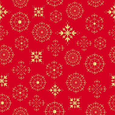 Açılış vektörlü, kusursuz bir desen. Dekoratif el çizimi altın kar taneleri vektörü kırmızı zemin üzerinde tasarım için