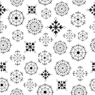 Açılış vektörü kar taneleri olan kusursuz bir desen. Beyaz arkaplanda tasarım için dekoratif el çizimi deseni