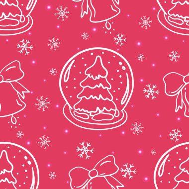 Cam kartopu, kar taneleri, çan ve kar içinde noel ağacı olan kusursuz desenli bir vektör. Mutlu yıllar ve Noel elleri tasarım kartları, davetiyeler, duvar kağıtları, ambalaj kağıtları için karalama simgeleri çizdi.