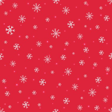 Kırmızı zemin üzerinde kar taneleri ve yıldızlar olan kusursuz desenli bir taşıyıcı. Mutlu yıllar ve Noel elleri tasarım kartları, davetiyeler, duvar kağıtları, ambalaj kağıtları için karalama simgeleri çizdi.
