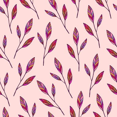 Dekoratif, pürüzsüz model vektörü. El çizimi mozaik karalama vektörü Noel dalları ve açık pembe arkaplanda yapraklar. Tasarım kartları, davetiyeler, duvar kağıtları, ambalaj kağıtları.