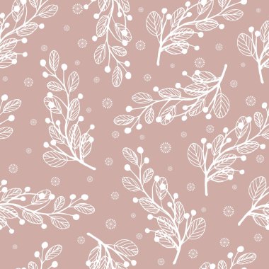 Dekoratif, pürüzsüz model vektörü. El çizimi dallar, yapraklar ve böğürtlenler pembe arka planda. Tasarım kartları, düğün davetiyeleri, duvar kağıtları, ambalaj kağıtları.