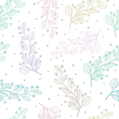 Decorative seamless pattern vector. Hand drawn doodle branches, leaves and berries on a white background. Pattern for design cards, invitations, wallpaper, wrapping paper.