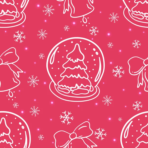 Nahtloser Mustervektor mit Weihnachtsbaum in Glasschneeball, Schneeflocken, Glocke und Schnee. frohes neues Jahr und Weihnachten handgezeichnete Doodle-Icons für Designkarten, Einladungen, Tapeten, Geschenkpapier — Stockvektor