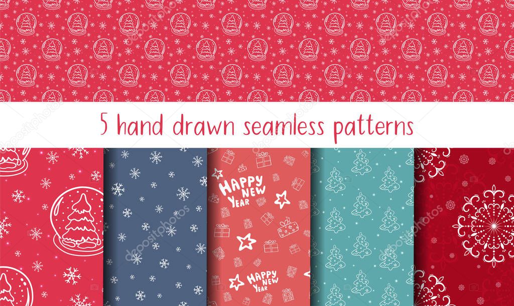 Set of five hand drawn seamless patterns with christmas tree, toys, snowflakes, glass snowball. New Year and Christmas doodle vector icons for design cards, invitations, wallpaper, wrapping paper