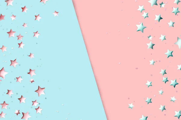 Big beautiful festive holiday background, banner with stars and confetti. Shining celebration background on pink and blue colors with shadow. Top view, copy space for your text. — Stock Photo, Image