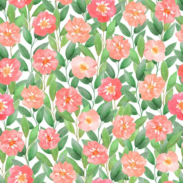 Decorative seamless pattern watercolor pink wildflowers and gree