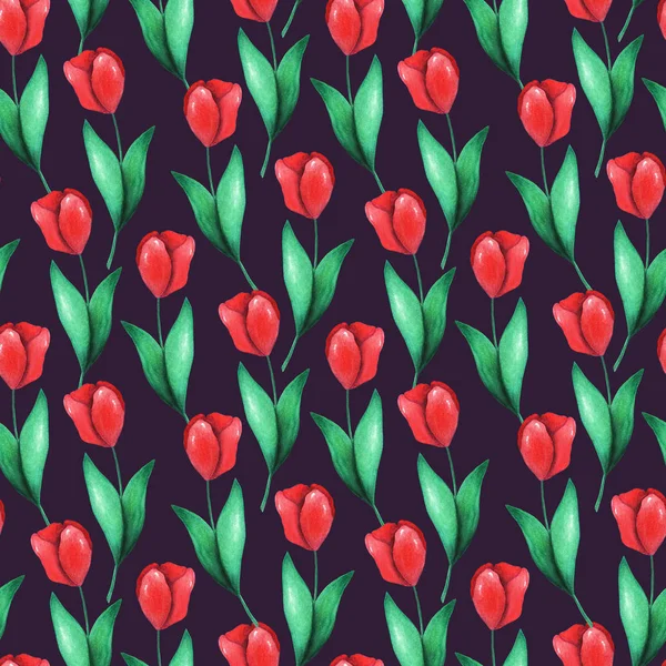 Padrão sem costura desenhado à mão tulipa aquarela, grama primavera e arco. Ilustração romântica para design Dia dos Namorados ou Dia da Mulher cartões de saudação, convites de casamento, papel de parede, papel de embrulho — Fotografia de Stock