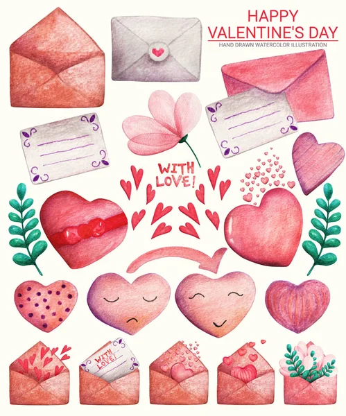 Happy Valentine\'s Day hand drawn watercolor big set from a composition of postal envelopes, heart, flower, leave, leaflet. Illustration for design greeting cards, invitation, wallpaper, wrapping paper