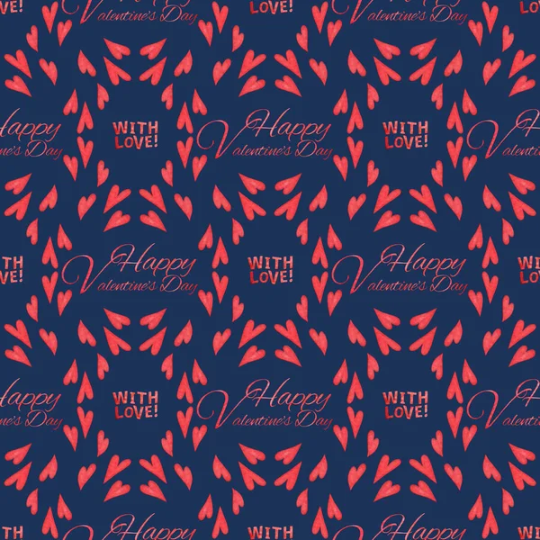 Hand drawn seamless pattern watercolor hearts. Inscription With Love and Happy Valentine's Day. Illustration for Valentine's Day greeting cards, invitation, wallpaper, wrapping paper