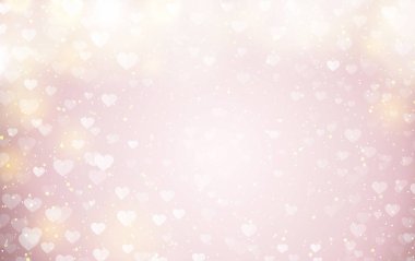 Abstract pink illustration of transparent hearts. Big shining glitter bokeh background, banner, poster for Birthday, Valentine's Day or Woman's Day. Top view, copy space for greeting card, invitation