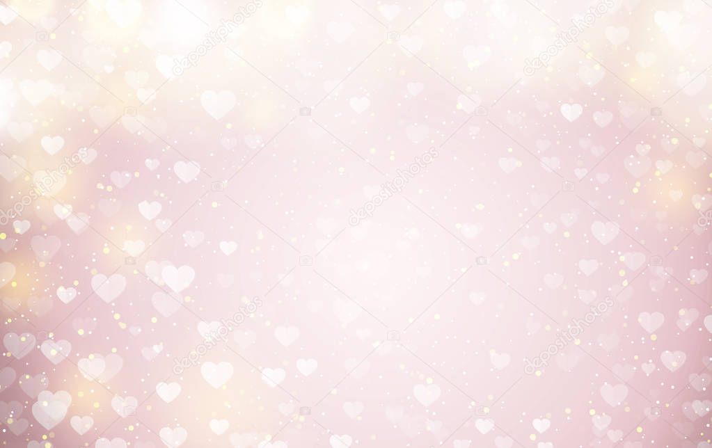 Abstract pink illustration of transparent hearts. Big shining glitter bokeh background, banner, poster for Birthday, Valentine's Day or Woman's Day. Top view, copy space for greeting card, invitation