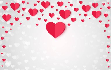 Kırmızı el işi kağıt kalplerin romantik bir çizimi. Büyük ışıltılı arkaplan, afiş, doğum günü posteri, Sevgililer Günü ya da Kadın Günü. Üst görünüm, tebrik kartı için boşluk kopyala, davet