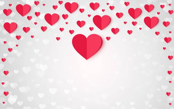 Ilustración romántica de corazones de papel artesanal rojo. Gran brillo brillante fondo bokeh, pancarta, cartel de cumpleaños, Día de San Valentín o Día de la Mujer. Vista superior, espacio para copiar la tarjeta de felicitación, invitación —  Fotos de Stock