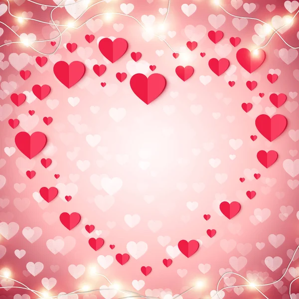 Ilustración romántica de corazones y guirnaldas de papel artesanal rosa. Gran brillo brillante fondo bokeh, pancarta, cartel de cumpleaños, Día de San Valentín o Día de la Mujer. Vista superior, espacio de copia — Foto de Stock